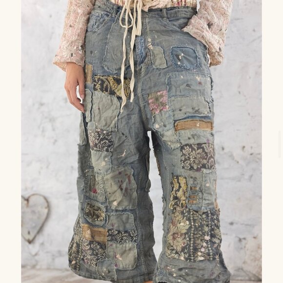 Magnolia Pearl Denim - NWT Magnolia Pearl Linen Dani Blues Denims Patchwork Boho Indigo Wide Leg NEW